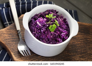 Salad Of Boiled Red Cabbage In A White Bowl.