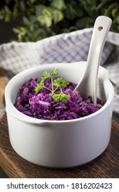 Salad Of Boiled Red Cabbage In A White Bowl.