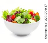 Salad bowl with spinach, cherry tomatoes, lettuce, cucumber and many more vegetables isolated on white background.