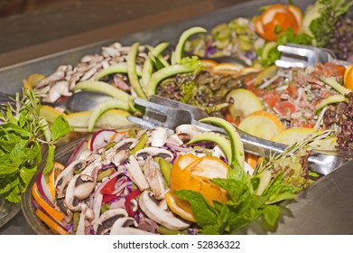 Salad Buffet Bar In A Restaurant With Several Dishes