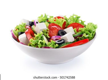 Salad with cheese and fresh vegetables isolated on white background. Greek salad.