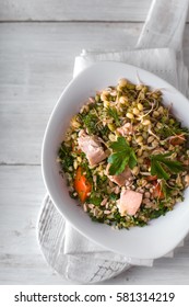 Salad With Chicken And Beans In A White Bowl Vertical