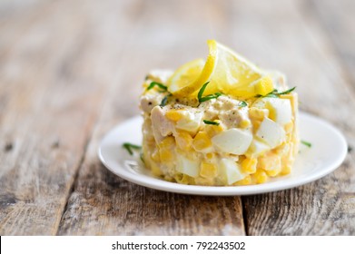 Salad With Chicken, Corn, Cheese And Eggs. Salad With Mayonnaise