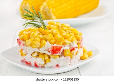 Salad With Corn And Crab Sticks, Mayonnaise.