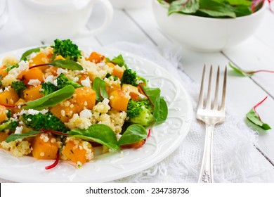 Salad With Couscous, Pumpkin, Broccoli And Feta