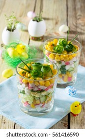 Salad With Crab Sticks, Eggs, Corn And Fresh Cucumber - The Idea Of Easter Dinner, Holiday Recipe.