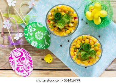 Salad With Crab Sticks, Eggs, Corn And Fresh Cucumber - The Idea Of Easter Dinner, Holiday Recipe.