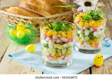 Salad With Crab Sticks, Eggs, Corn And Fresh Cucumber - The Idea Of Easter Dinner, Holiday Recipe.