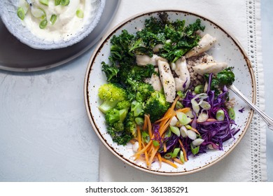 Salad With Crispy Kale, Buckwheat, Chicken And Broccoli