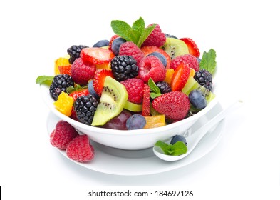 Salad Of Fresh Fruit And Berries In A Bowl Isolated On A White Background