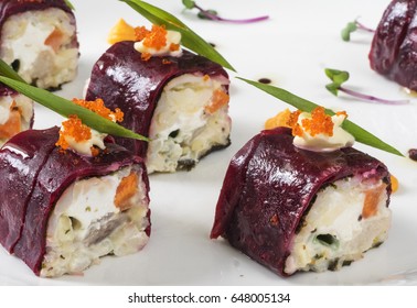 Salad Herring Fur Coat Roll On A White Plate
