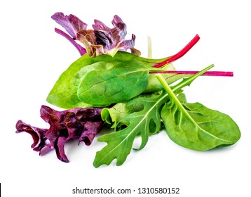 Salad Leaves Mix With Rucola, Red  Lettuce, Spinach And  Chard, Leaf Isolated On White Background.