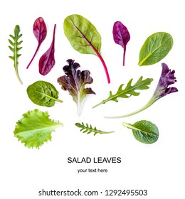 Salad Leaves Pattern. Isolated Mix Salad Leaves With Spinach, Chard, Lettuce, Rucola On The White Background.