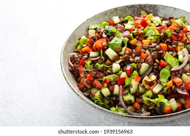 salad with lentils and vegetables in a deep plate on a gray background, vegetarian food