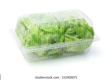 Salad Lettuce In Plastic Box On White Background