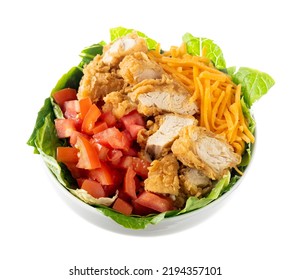 Salad Made With Fried Chicken Tender Cubes, Tomato, Cheese, And Lettuce. Isolated On White.