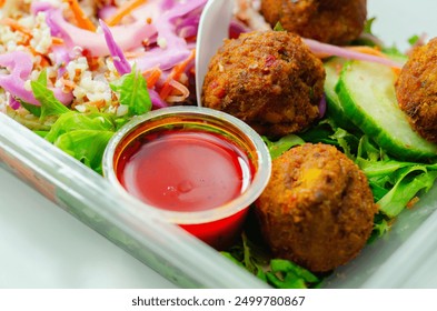 A salad with meatballs and a dipping sauce, healthy food - Powered by Shutterstock