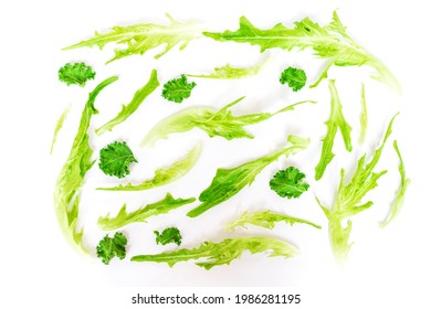 Salad Mix With Baby Leaves Salad And Kale Isolated On White Background.