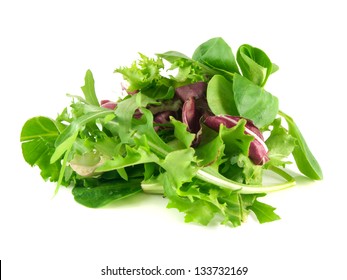 Salad mix with rucola, frisee, radicchio and lamb's lettuce. Isolated on white background.