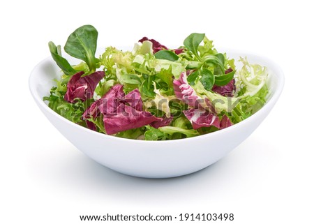 Salad mix with rucola, frisee, radicchio and lamb's lettuce, isolated on white background.
