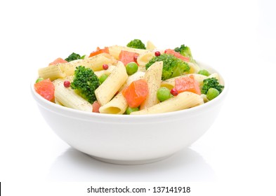 Salad With Pasta, Smoked Salmon, Broccoli And Green Peas In A Bowl Isolated On A White Background