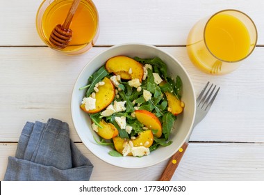 Salad With Peach, Arugula, Cheese, Nuts And Honey. Healthy Eating. Vegetarian Food Recipe