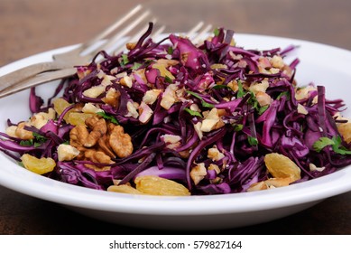 Salad Red Coleslaw With Raisins And Crushed Walnut