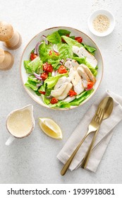 Salad With Romaine Lettuce, Grilled Chicken Meat And Tomatoes