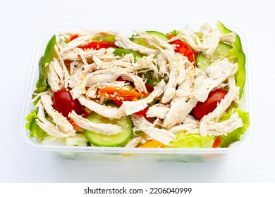 Salad With Shredded Chicken And Vegetables In Plastic Package Box