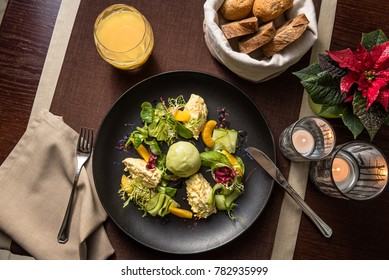 Salad With Shrimp Mousse, Peach, Quail Egg, Cucumber And Avocado Sorbet