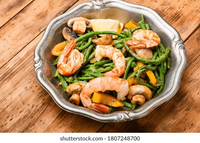 Salad With Shrimps, Asparagus Beans And Mushrooms.Vietnamese Shrimp Salad