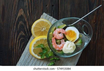 Salad Of Shrimps, Avocado, Egg And Herbs. Diet, Proper And Healthy Nutrition