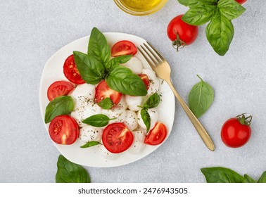 Salad of small balls of mozzarella, cherry tomatoes, basil and olive oil on a light background, top view, horizontal. Dish of Italian cuisine. - Powered by Shutterstock