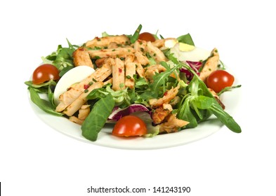 Salad With Smoked Chicken Strips Isolated On A White Background.