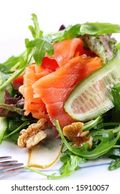 Salad Of Smoked Salmon, Walnuts, Pear, Cucumber And Rocket.