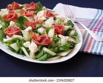 Salad Of Spinach, Melon, Mozzarella Cheese And Jamon. Big Portion.