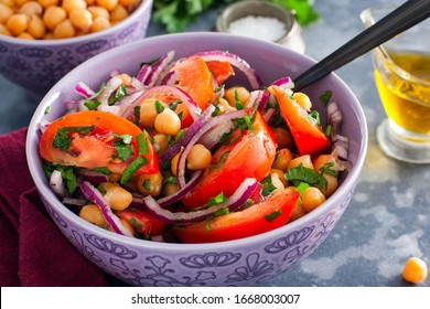 Salad With Tomatoes, Chickpeas And Red Onions, Selective Focus