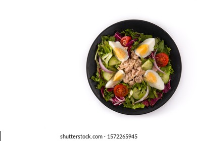 Salad With Tuna, Egg And Vegetables Isolated On White Background. Top View. Copy Space