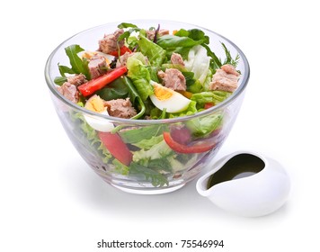 Salad With Tuna Fish Boiled Egg And Vegetable On White