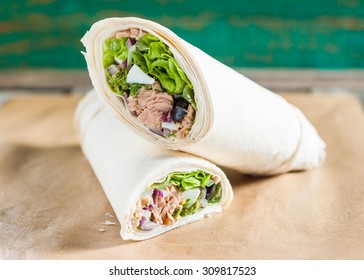 Salad With Tuna, Olives And Egg In Pita Bread