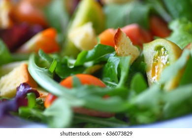 Salad Of Various Lettuces And Baby Heirloom Tomatoes With Croutons