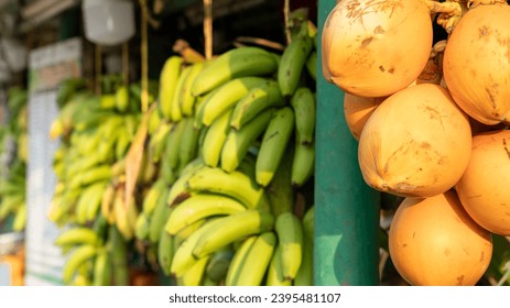 Salalalah, Oman -November 11.2023 : Fruit for sale in fruit stalls at Sultan Qaboos Street in salalah, oman, Dhofar Governorate - Shutterstock ID 2395481107