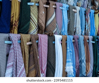 Salalalah, Oman -November 11.2023 : traditional men head scarf for sale at store in salalah, oman, Dhofar Governorate - Shutterstock ID 2395481115