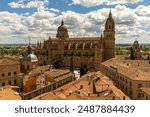 Salamanca aerial panoramic skyline view of historic city with traditional stone buildings, the Salamanca Cathedral (Old and New Cathedral). Salamanca Spain cityscape, a sunny day, no people, no logos.