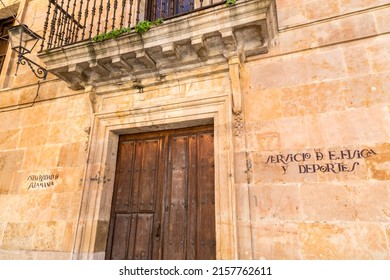 Salamanca, Spain - February 20, 2022: Handwritten Sign On The Wall In Salamanca In Traditional Style. Salamanca University, Physical Education And Sports Faculty.