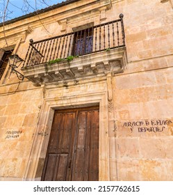 Salamanca, Spain - February 20, 2022: Handwritten Sign On The Wall In Salamanca In Traditional Style. Salamanca University, Physical Education And Sports Faculty.