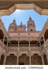 Salamanca, Spain, July 2020 - View Of The Clergy Towers From The Public Library Courtyard In The City Of Salamanca, Spain