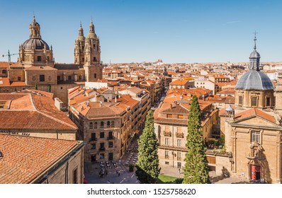 SALAMANCA, SPAIN - JULY 28, 2019: Panoramic view of Salamanca city from the rooftop of Salamanca Cathedral, Castile and Leon, Spain.