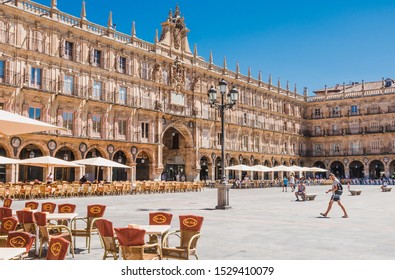 SALAMANCA, SPAIN - JULY 28, 2019:  Panoramic view of The Plaza Mayor or Main Square is a large plaza located in the center of Salamanca with restaurants, bars, shops, Castile and Leon, Spain.