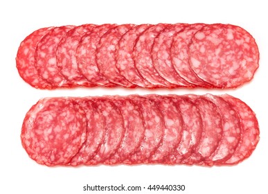 Salami sausage slices isolated on white background 
